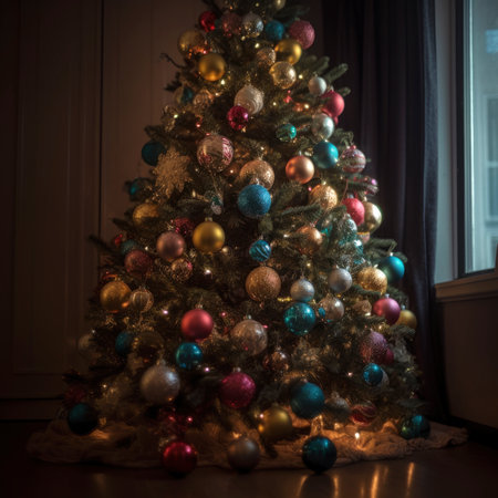 Decorated Christmas tree with balls and garlands in a cozy home interior, new year tradition, merry xmas, AI Generated illustrationの素材