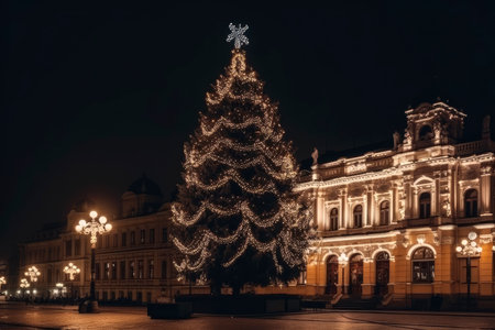 Christmas tree on the city square, AI Generated illustrationの素材
