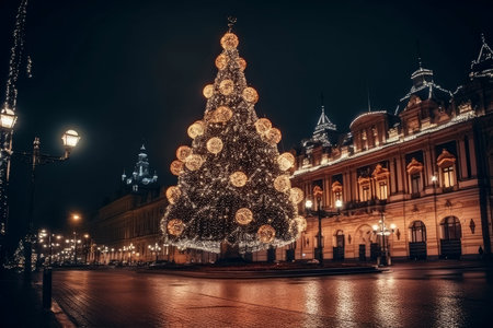 Christmas tree on the city square, AI Generated illustrationの素材