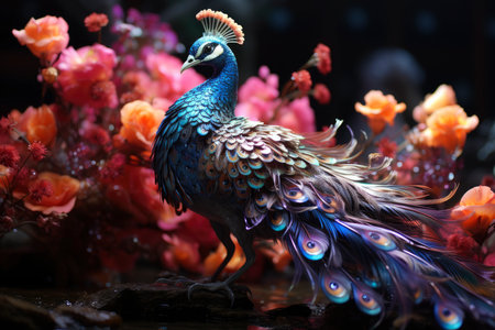 Beautiful colorful peacock with multicolored bright feathers in a blooming garden, AI Generated illustrationの素材