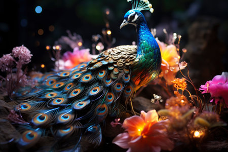 Beautiful colorful peacock with multicolored bright feathers in a blooming garden, AI Generated illustrationの素材
