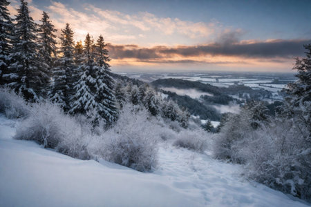 Beautiful snowy winter landscape in the countryside, cold season wallpaper, AI Generated illustrationの素材