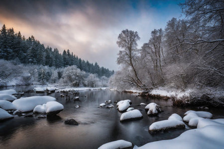 Freezing river in a snowy winter forest, snow and ice in nature, beautiful winter landscape, AI Generated illustrationの素材