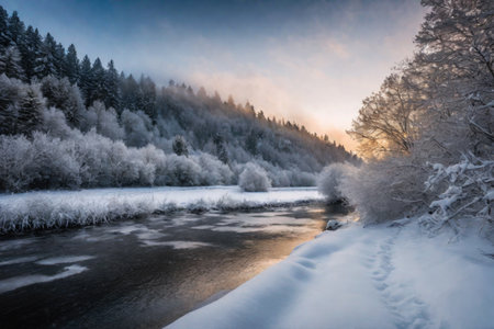 Freezing river in a snowy winter forest, snow and ice in nature, beautiful winter landscape, AI Generated illustrationの素材