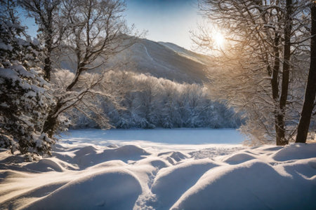 Beautiful snowy winter landscape in the countryside, cold season wallpaper, AI Generated illustrationの素材