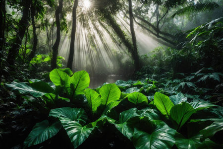Large green leaves in tropical rainforest, plant growth and environmental protection concept, wet jungle, AI Generated illustrationの素材