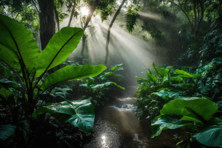 Large green leaves in tropical rainforest with river, plant growth and environmental protection concept, wet jungle, AI Generated illustrationの素材