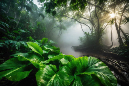Large green leaves in tropical rainforest with river, plant growth and environmental protection concept, wet jungle, AI Generated illustrationの素材