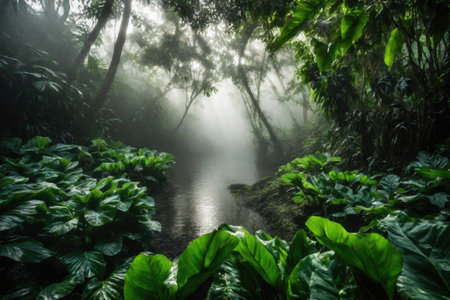 Large green leaves in tropical rainforest with river, plant growth and environmental protection concept, wet jungle, AI Generated illustrationの素材