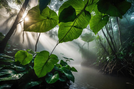 Large green leaves in tropical rainforest with river, plant growth and environmental protection concept, wet jungle, AI Generated illustrationの素材