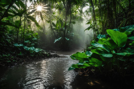 Large green leaves in tropical rainforest with river, plant growth and environmental protection concept, wet jungle, AI Generated illustrationの素材