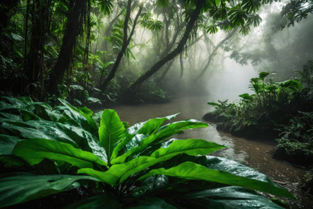 Large green leaves in tropical rainforest with river, plant growth and environmental protection concept, wet jungle, AI Generated illustrationの素材