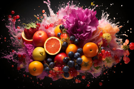 Fresh fruits with drops of juice and pulp exploding on black background, healthy eating concept, AI Generated illustrationの素材