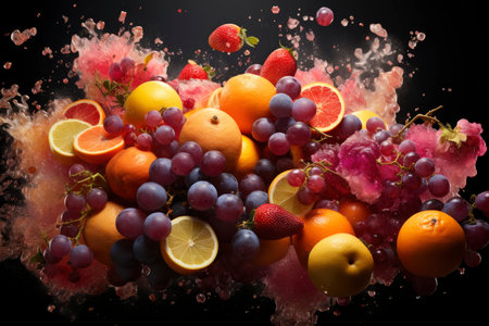 Fresh fruits with drops of juice and pulp exploding on black background, healthy eating concept, AI Generated illustrationの素材