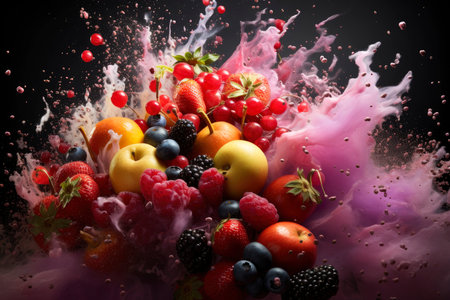 Fresh fruits with drops of juice and pulp exploding on black background, healthy eating concept, AI Generated illustrationの素材