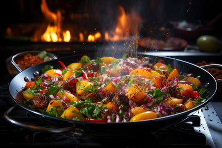 Stewed vegetables in a frying pan, vegetable ratatouille, AI Generated illustrationの素材