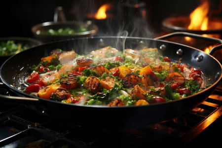 Stewed vegetables in a frying pan, vegetable ratatouille, AI Generated illustrationの素材