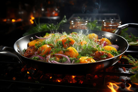 Stewed vegetables in a frying pan, vegetable ratatouille, AI Generated illustrationの素材