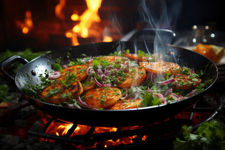 Stewed vegetables in a frying pan, vegetable ratatouille, AI Generated illustrationの素材
