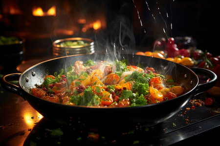 Stewed vegetables in a frying pan, vegetable ratatouille, AI Generated illustrationの素材