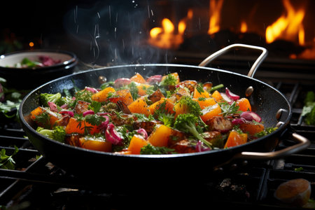 Stewed vegetables in a frying pan, vegetable ratatouille, AI Generated illustrationの素材