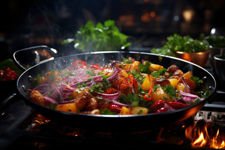 Stewed vegetables in a frying pan, vegetable ratatouille, AI Generated illustrationの素材