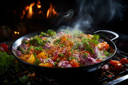 Stewed vegetables in a frying pan, vegetable ratatouille, AI Generated illustrationの素材