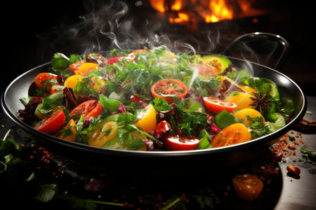 Stewed vegetables in a frying pan, vegetable ratatouille, AI Generated illustrationの素材