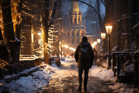 A man walks on winter snowy street with luminous lanterns, urban landscape, AI Generated illustrationの素材
