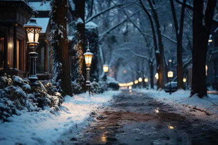 Snow covered street in the suburbs in winter on New Year's Eve, AI Generated illustrationの素材