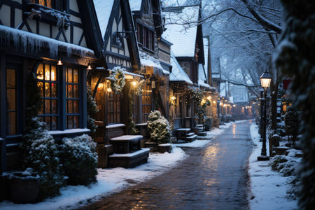 Snow covered street in the suburbs in winter on New Year's Eve, AI Generated illustrationの素材