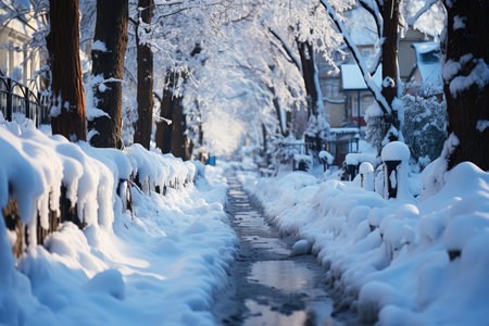 Snow covered street in the suburbs in winter on New Year's Eve, AI Generated illustrationの素材