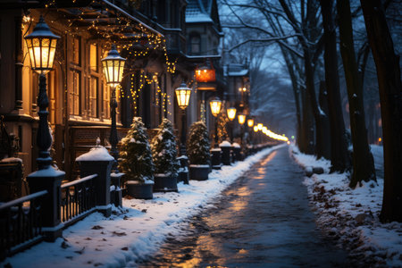Snow covered street in the suburbs in winter on New Year's Eve, AI Generated illustrationの素材
