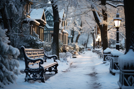 Snow covered street in the suburbs in winter on New Year's Eve, AI Generated illustrationの素材