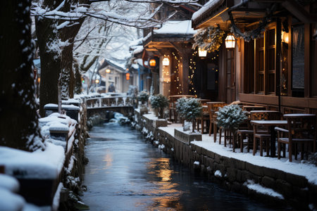 Snow covered street in the suburbs in winter on New Year's Eve, AI Generated illustrationの素材