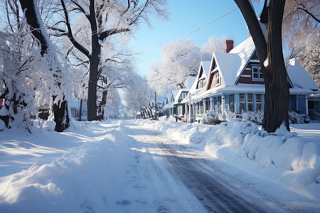 Snow covered street in the suburbs in winter on New Year's Eve, AI Generated illustrationの素材