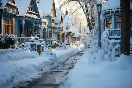 Snow covered street in the suburbs in winter on New Year's Eve, AI Generated illustrationの素材