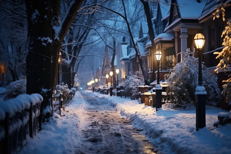 Snow covered street in the suburbs in winter on New Year's Eve, AI Generated illustrationの素材