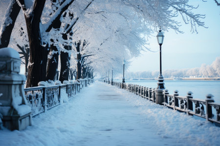 Snow-covered winter alley in the park with a river and embankment, a path among trees covered with frost, cold season wallpaper, AI Generated illustrationの素材