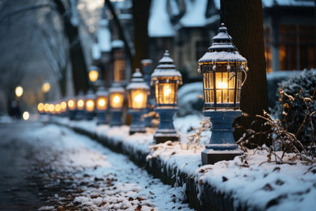 Snow covered street decorated with lanterns in the suburbs in winter on New Year's Eve, AI Generated illustrationの素材