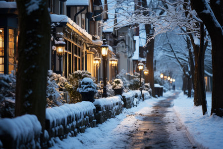 Snow covered street in the suburbs in winter on New Year's Eve, AI Generated illustrationの素材