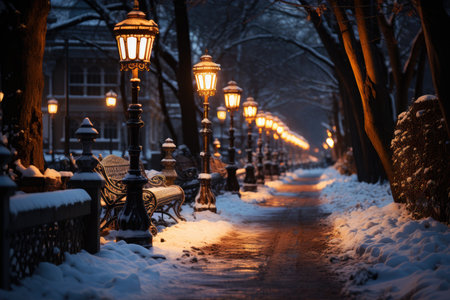 Snow covered street in the suburbs in winter on New Year's Eve, AI Generated illustrationの素材