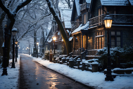 Snow covered street in the suburbs in winter on New Year's Eve, AI Generated illustrationの素材