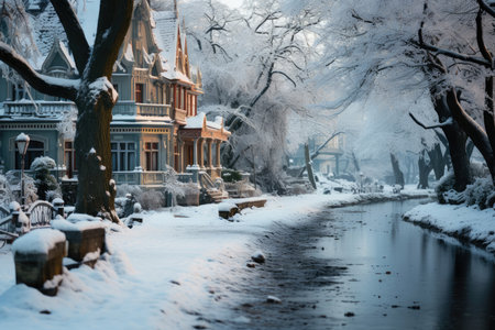 Snow-covered winter alley in the park with a stream, a path among trees covered with frost, cold season wallpaper, AI Generated illustrationの素材