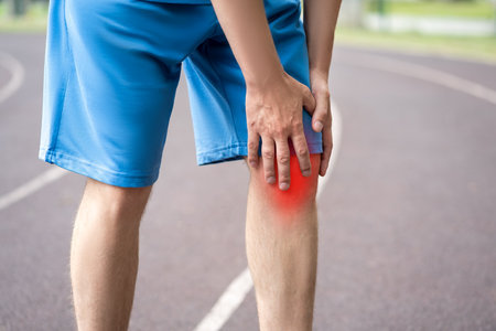 Diseases of the knee joint, bone fracture and inflammation, athletic man on a running track after workout suffering from pain in leg and doing self-massage, health problems conceptの写真素材