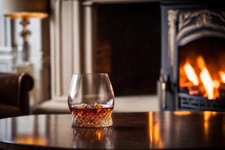 Glass of cognac on the background of a burning fireplace, AI Generated illustrationの素材