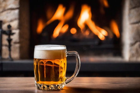 Glass of fresh and cold beer on the background of a burning fireplace, AI Generated illustrationの素材