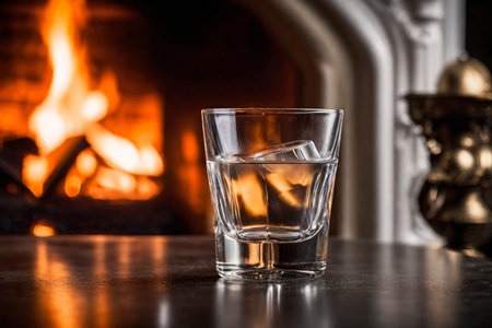 Glass of vodka on the background of a burning fireplace, AI Generated illustrationの素材