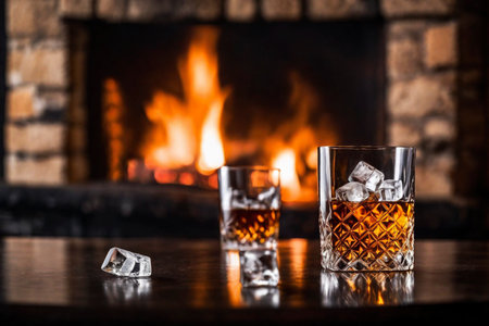 Glass of whiskey with ice on the background of a burning fireplace, AI Generated illustrationの素材
