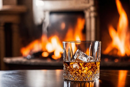 Glass of whiskey with ice on the background of a burning fireplace, AI Generated illustrationの素材